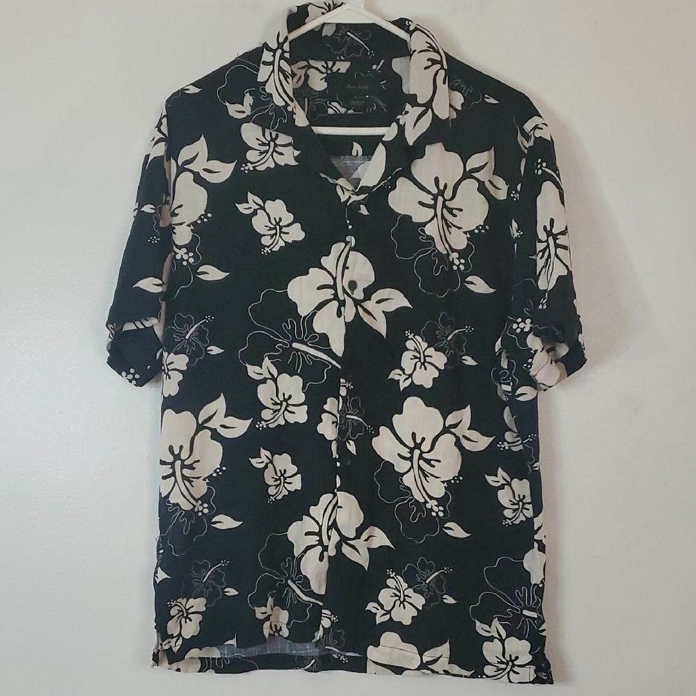 Porter & Ash Linen Floral Hawaiian Button Down Shirt Size Large Mens Black Ivory